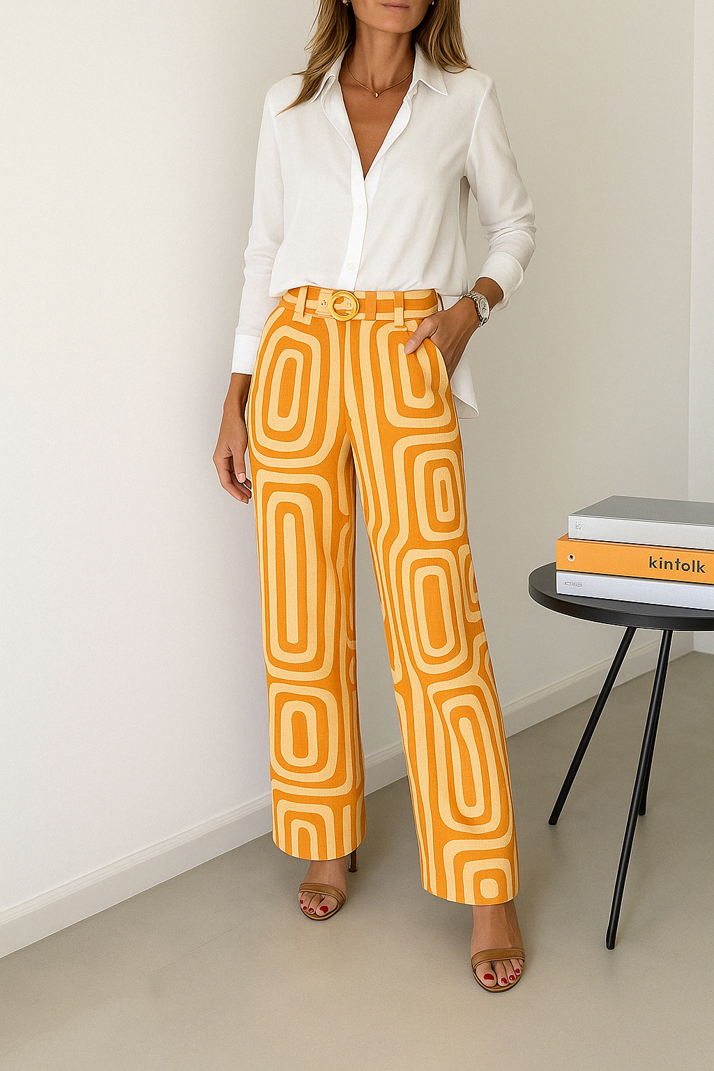 Woman wearing a white button-up shirt with orange and yellow geometric print wide-leg pants