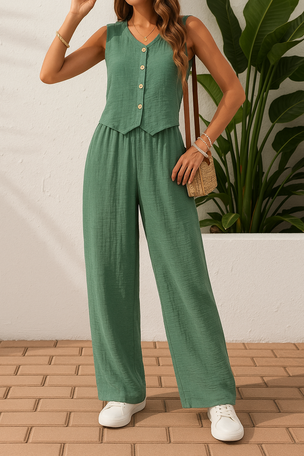 Woman wearing a sage green sleeveless button-front top and matching wide-leg pants